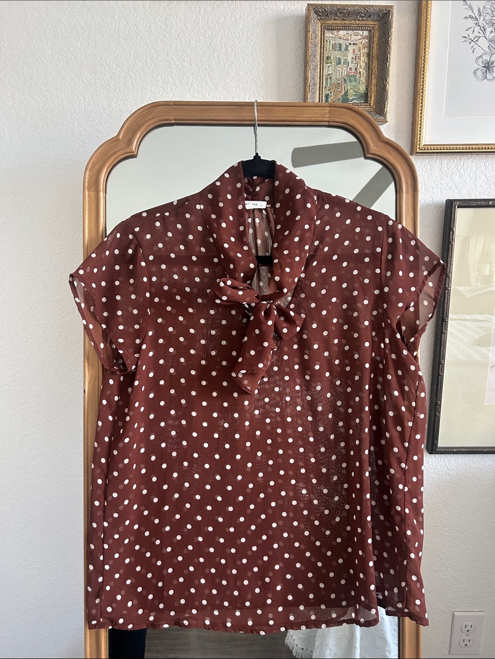 Pleione Brown Polka Dot Bow Neck Blouse